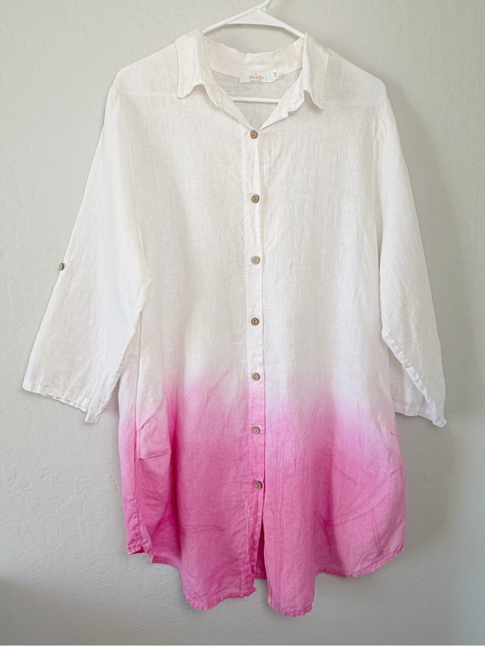 Me & Gee Linen Women's White Pink Ombre Button-Up Shirt Dress Coverup Size S/M